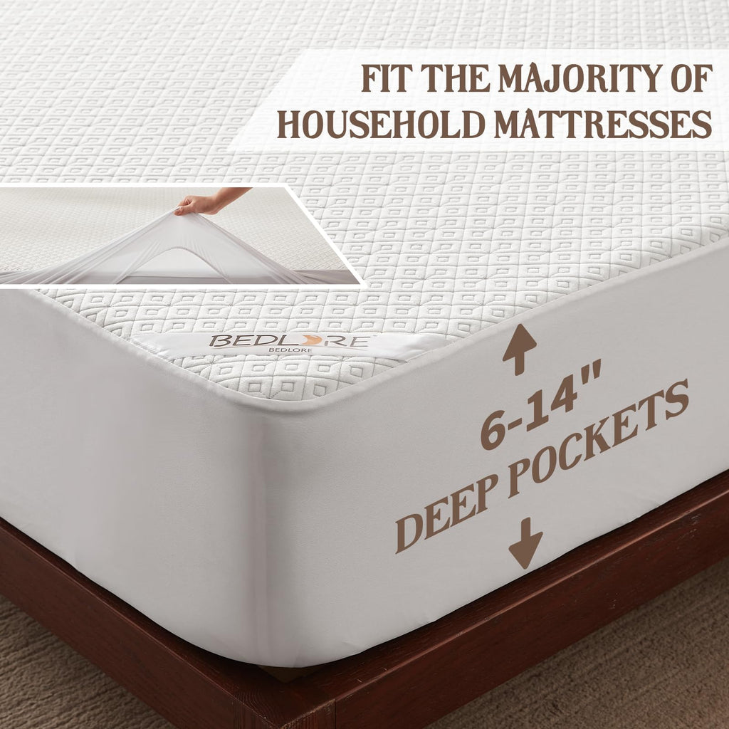 Bedlore Full Size Mattress Protector, Waterproof Noiseless Mattress Cover With Stretchable Pockets For 6-14 Inches Mattress, Sof
