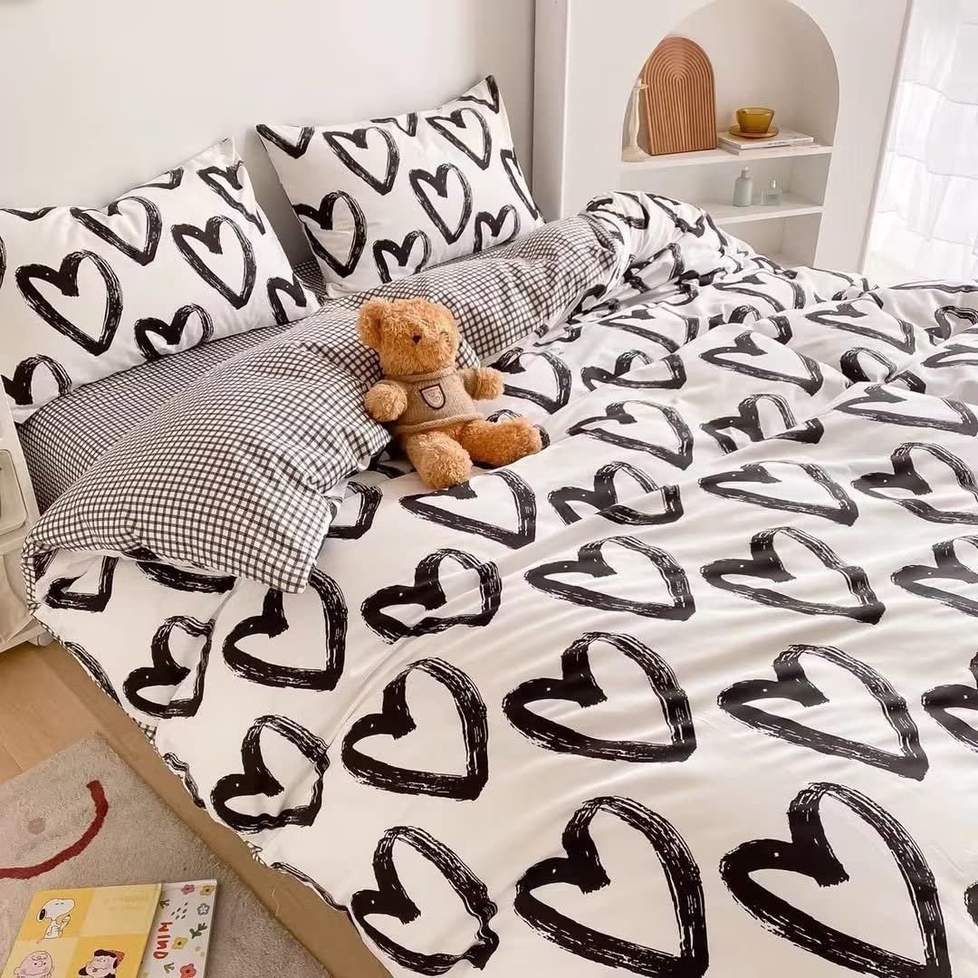 Clothknow Black White Queen Comforter Set 3Pcs Heart Shaped Bedding Comforter Sets Love Kawaii Queen Comforter Black Queen Size