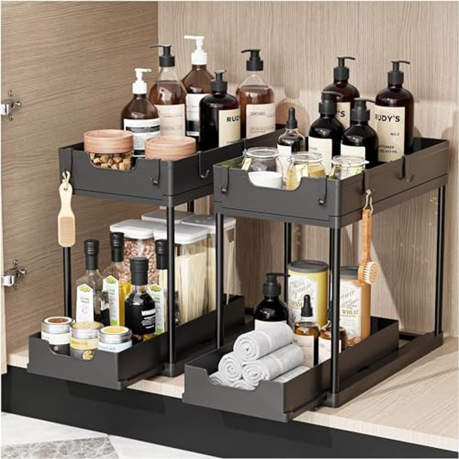 Kayora Under The Sink Organizer 2Pcs Under Storage Rack With Removable Panels, 2 Tier MultiUse For Under Kitchen Cabinet Bathro