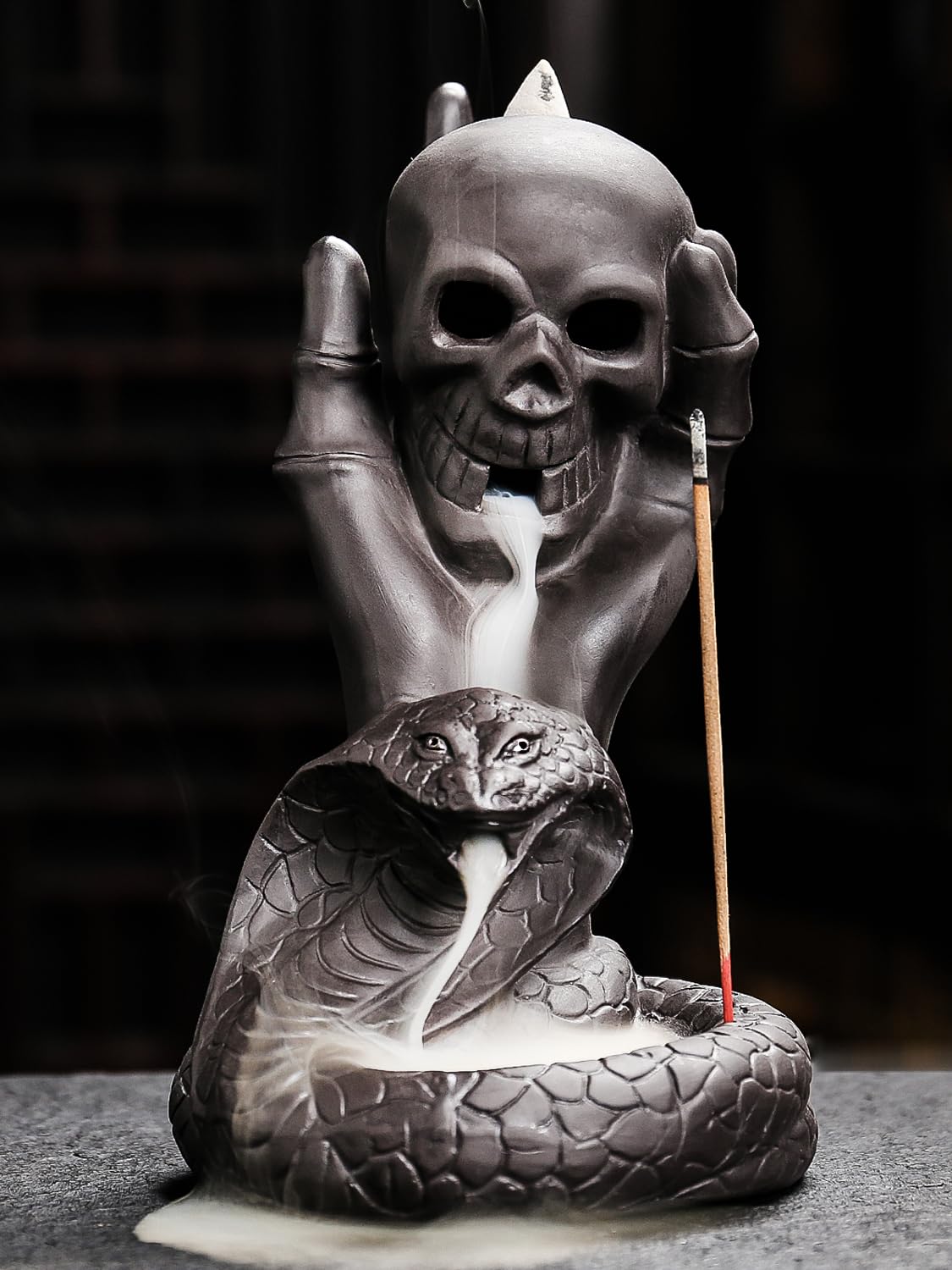 HaisWonsa Skull Snake Incense Burner Holder - Backflow Waterfall Cone Incense Holder, Ceramic Unique Skeleton Incense Burner wit