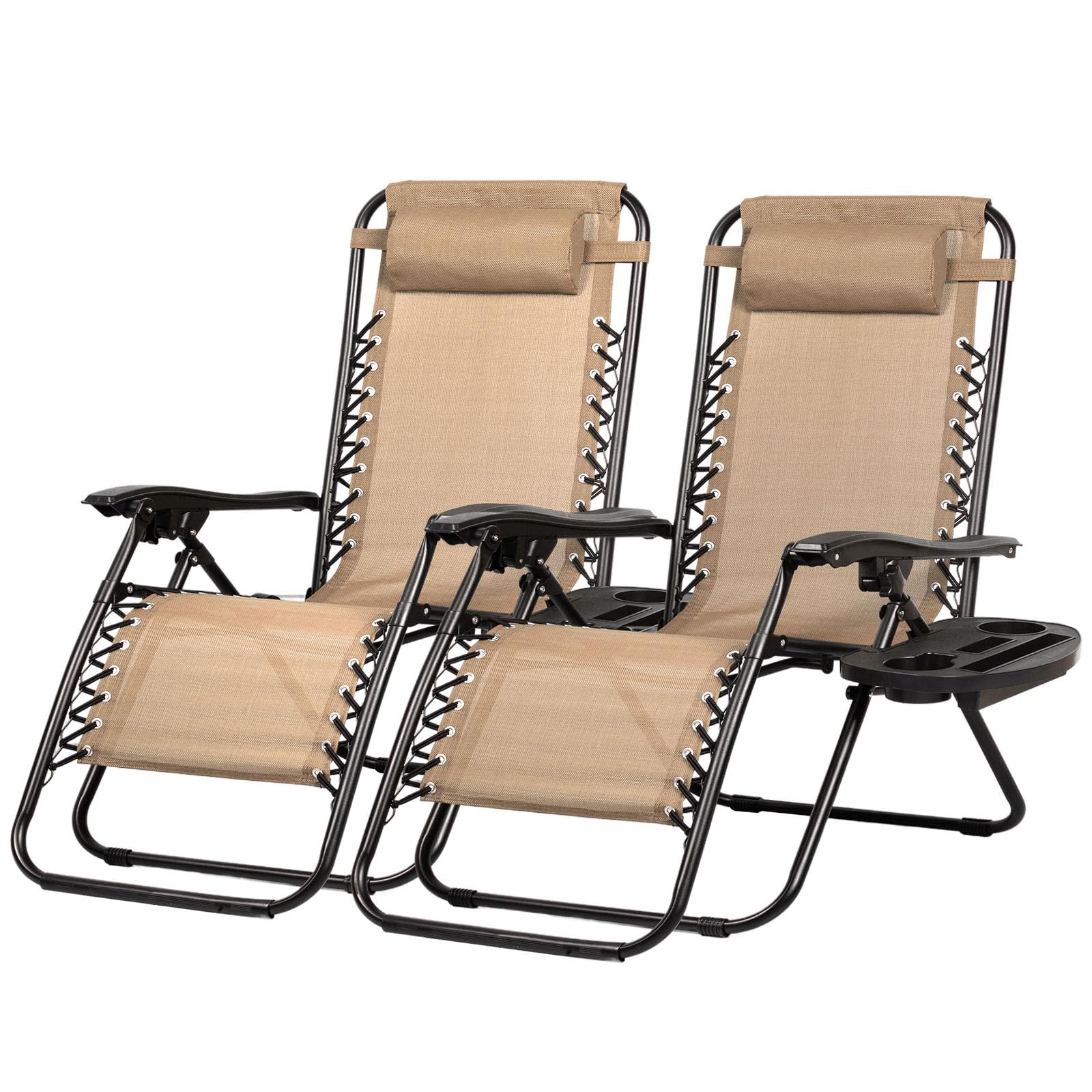 Nazhura Set Of 2 Relaxing Recliners Patio Chairs Adjustable Steel Mesh Zero Gravity Lounge Chair Beach Chairs With Pillow And Cup Holder Khaki (Kahki)