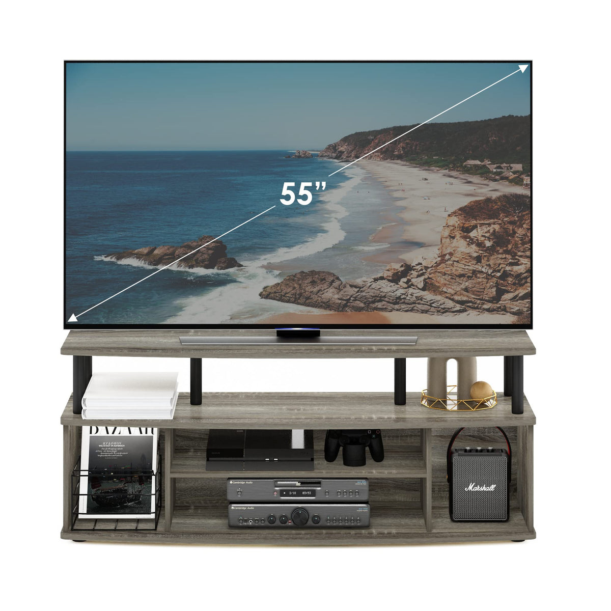 Furinno Large Entertainment Center Hold up to 55-in TV, Wood, French Oak/Black, 40.1 (D) x 119.9 (W) x 49.8 (H) cm