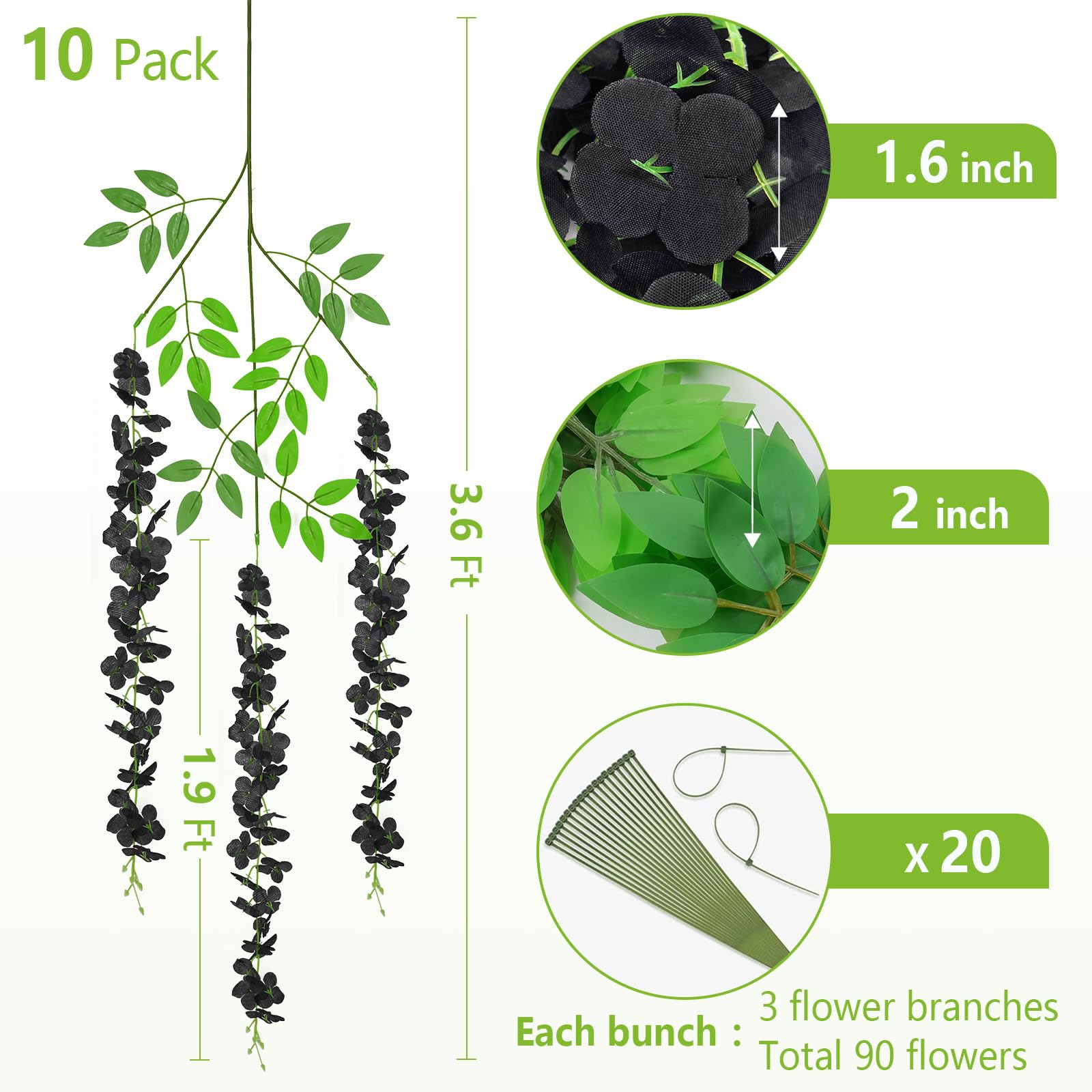Bleum Cade 10 Pcs Black Wisteria Hanging Flowers, 3.6Ft/Pcs Fake Wisteria Flowers, Artificial Hanging Wisteria Garland For Weddi