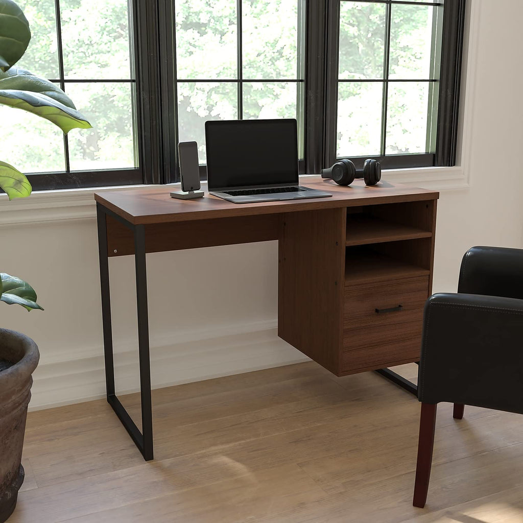 Flash Furniture Northbrook Rustic Coffee Wood Grain Finish Computer Desk With Black Metal Frame