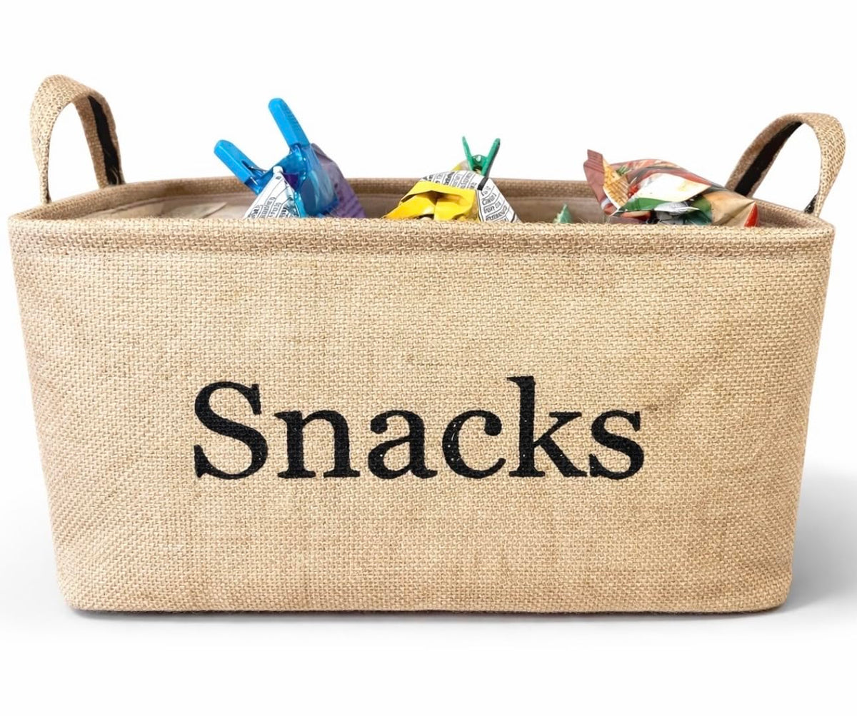 Snack Storage Bin for Pantry  Burlap storage basket for organizing your chips, popcorn, candy, pretzels and more. Kitchen conta
