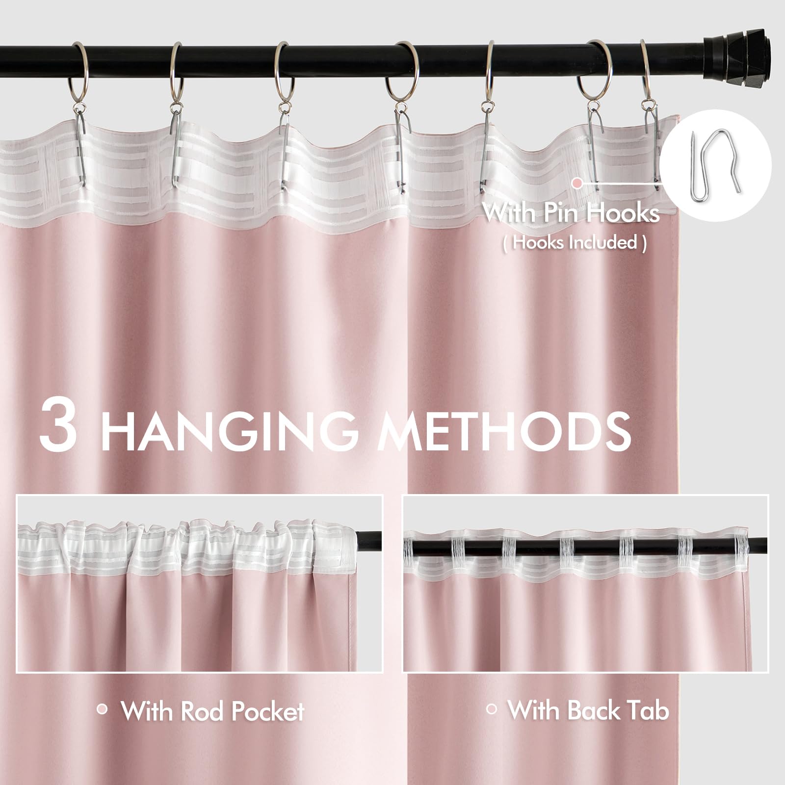 Miulee Baby Pink Back Tab Blackout Curtains 96 Inch Long 2 Panels Set For Living Room Bedroom, Rod Pocket/Pinch Pleated Long Thermal Insulated Room Darkening Light Blocking Floor To Ceiling Drapes