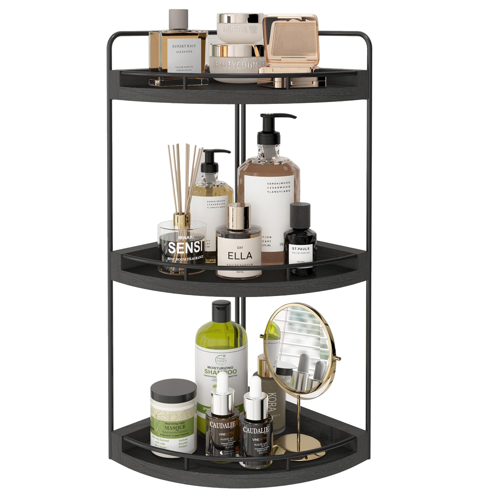 Fixwal Corner Bathroom Counter Organizer, 3 Tier Rustic Bathroom Organizer, Wood Countertop Storage Tray for Vanity, Kitchen, Be