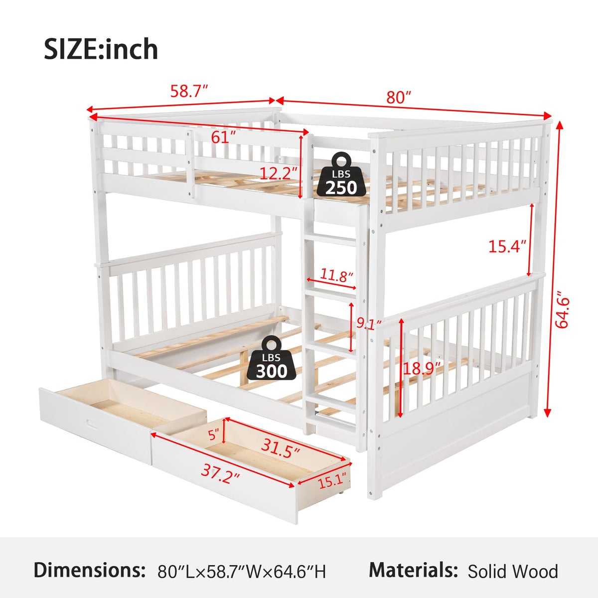 Merax Wood Bunk Bed With Drawers,Convertible Wood Bunk Bed With Ladders And Two Storage Drawers,Solid Wood Detachable Bunk Bed Frame With Ladders,Full Over Full,White
