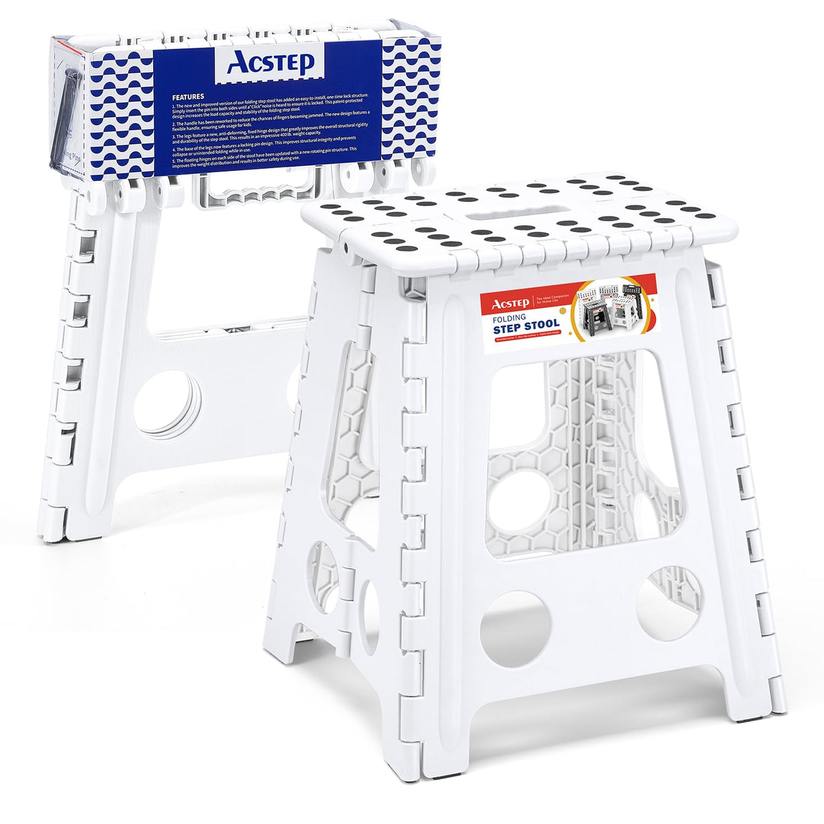 Acstep Folding Step Stool 16 Inch Heavy Duty Step Stool Foldable For Adults And Kids, Collapsible Stepping Stool With Handle, Non Slip Folding Stools For Kitchen Hold Up To 400Lbs (White 1Pc)
