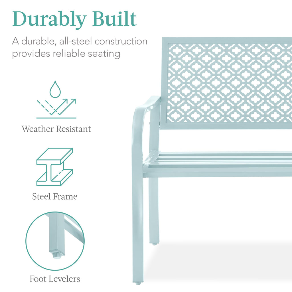 Best Choice Products Outdoor Bench 2-Person Metal Steel Benches Furniture For Garden, Patio, Porch, Entryway W/Geometric Backrest, 790Lb Capacity - Sky Blue