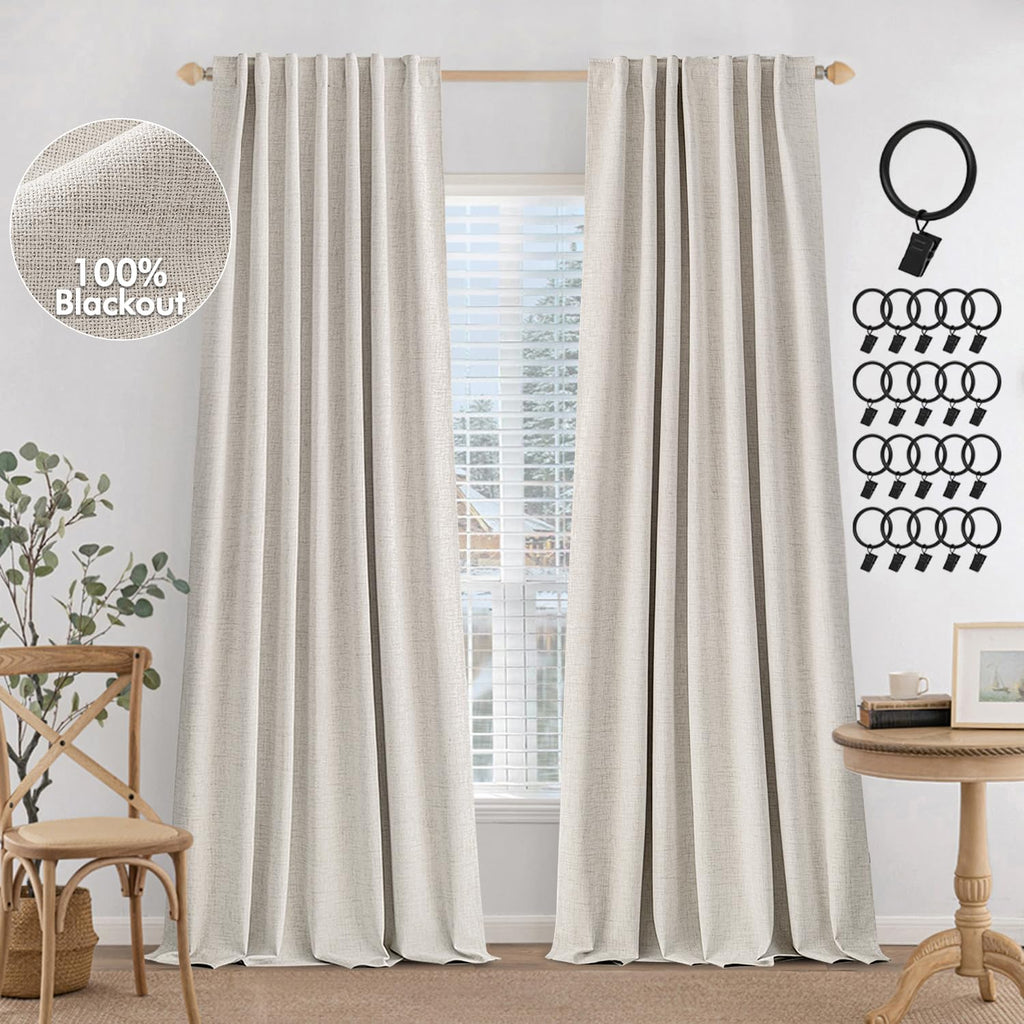 Miulee 100% Blackout Curtains 96 Inches Long, Linen Curtains For Bedroom Living Black Out Window Treatments Thermal Insulated Room Darkening Drapes Back Tab & Rod Pocket, Cream, 2 Panels
