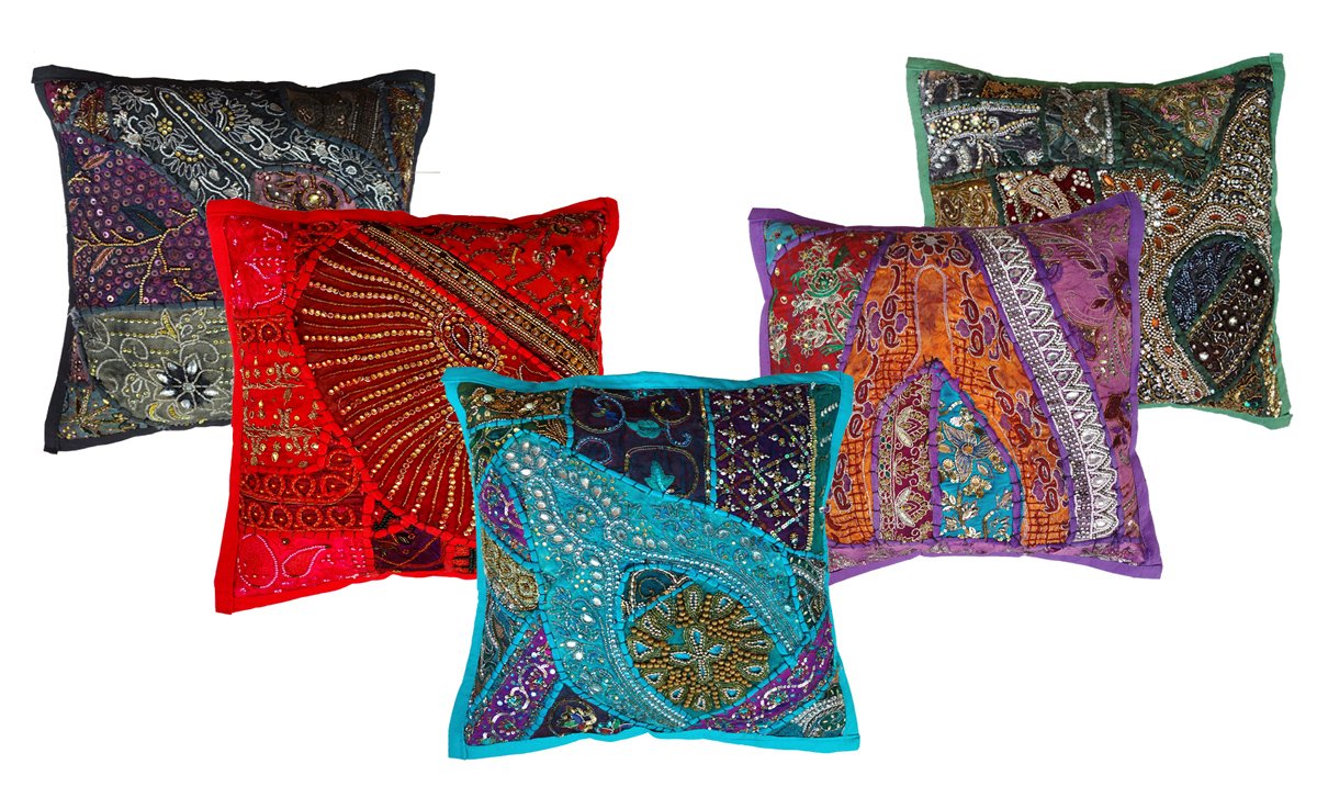 Rastogi Handicrafts Indian Traditional Handmade Cushion Cover, Decorative Throw Pillow Cases, Embroidered Cotton Cushion Cover P