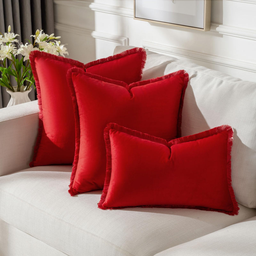 Futei Red Boho Throw Pillow Covers With Tassels 16X16 Inch Set Of 2,Soft Velvet Decorative Cushion Case,Home Decor For Couch Bed