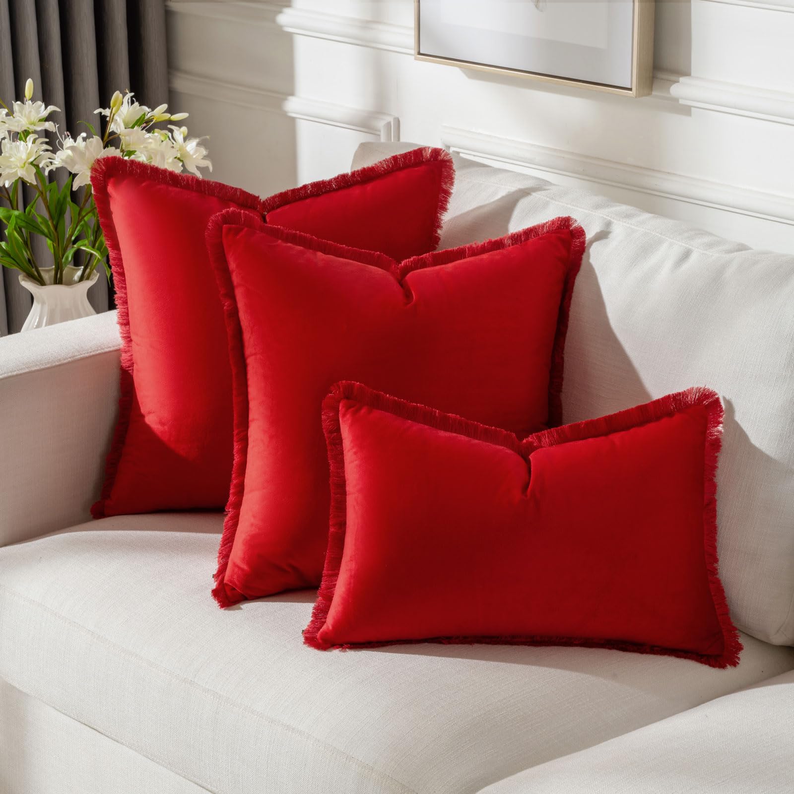Futei Red Boho Throw Pillow Covers With Tassels 16X16 Inch Set Of 2,Soft Velvet Decorative Cushion Case,Home Decor For Couch Bed