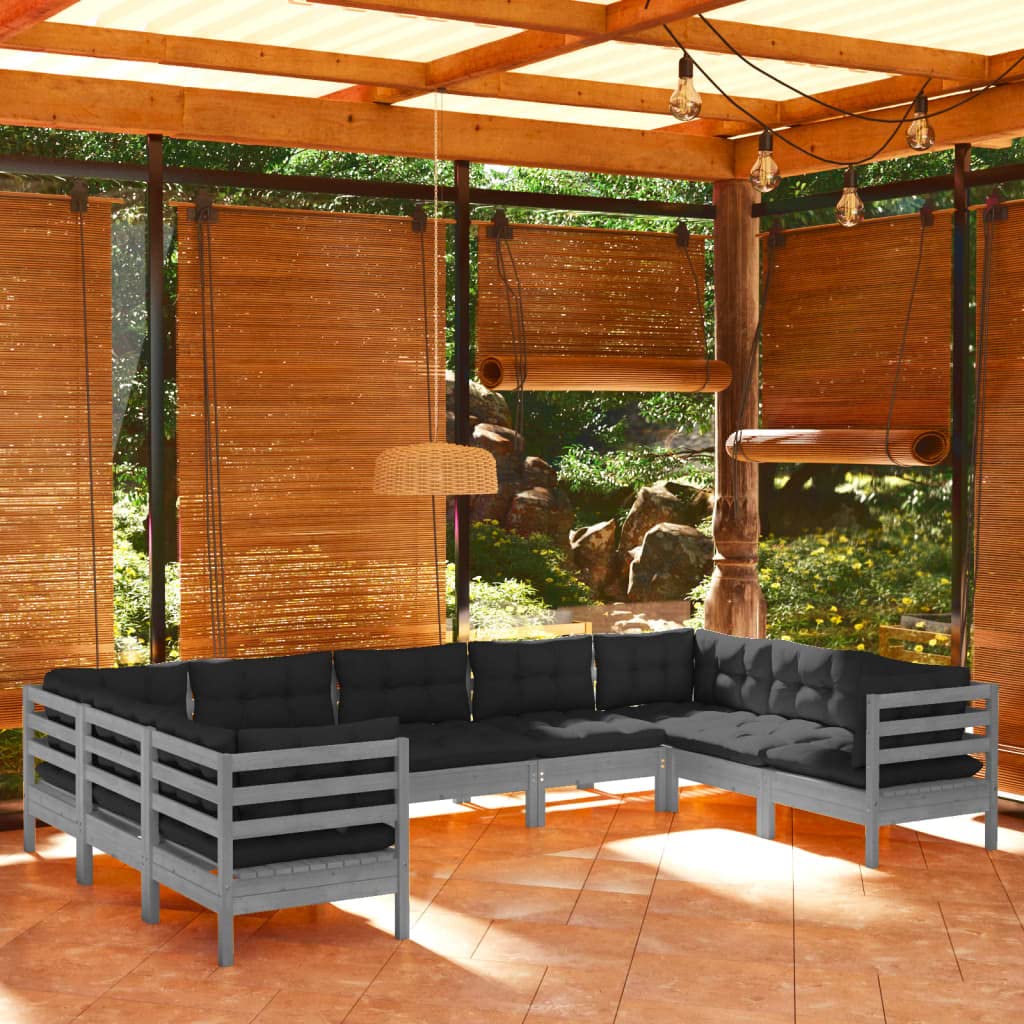 vidaXL Solid Pinewood Patio Lounge Set 9 Piece with Cushions Garden Outdoor Lawn Yard Terrace Balcony Wooden Seat Seating Furniture Gray