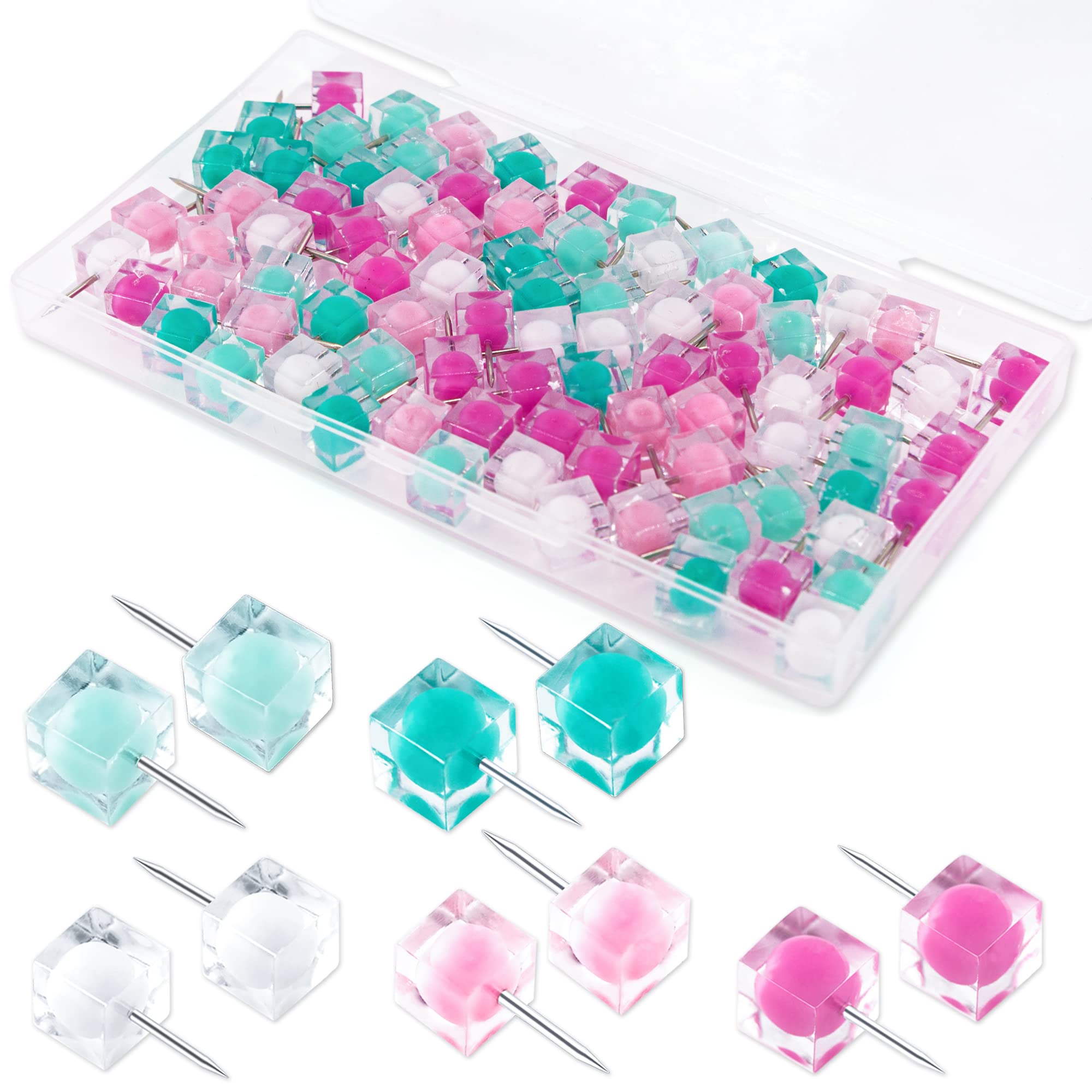 Vinumen 80Pcs Clear Push Pins Cute Push Pins Decorative For Cork Board, Bulletin Board, Memo Board Or Wall (White Pink Green)