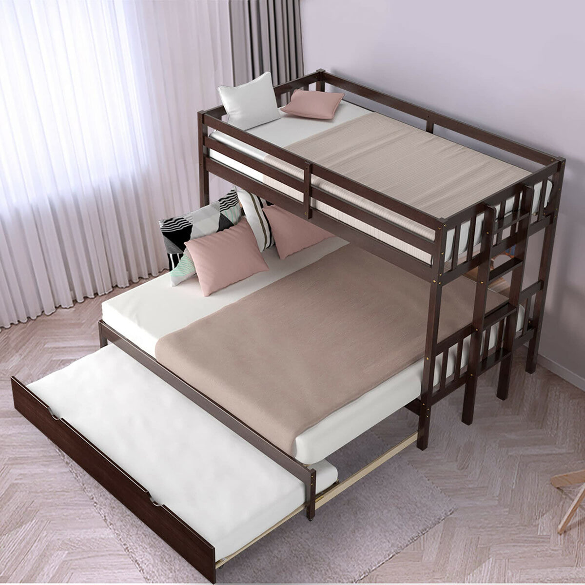Dortala Twin Over Twin Bunk Bed With Trundle, Wood Bunk Bed With Trundle Wooden Ladder, Safety High Guardrail, Solid Wood Frame, Bunk Beds For Home, Dorm, Apartment (Espresso)