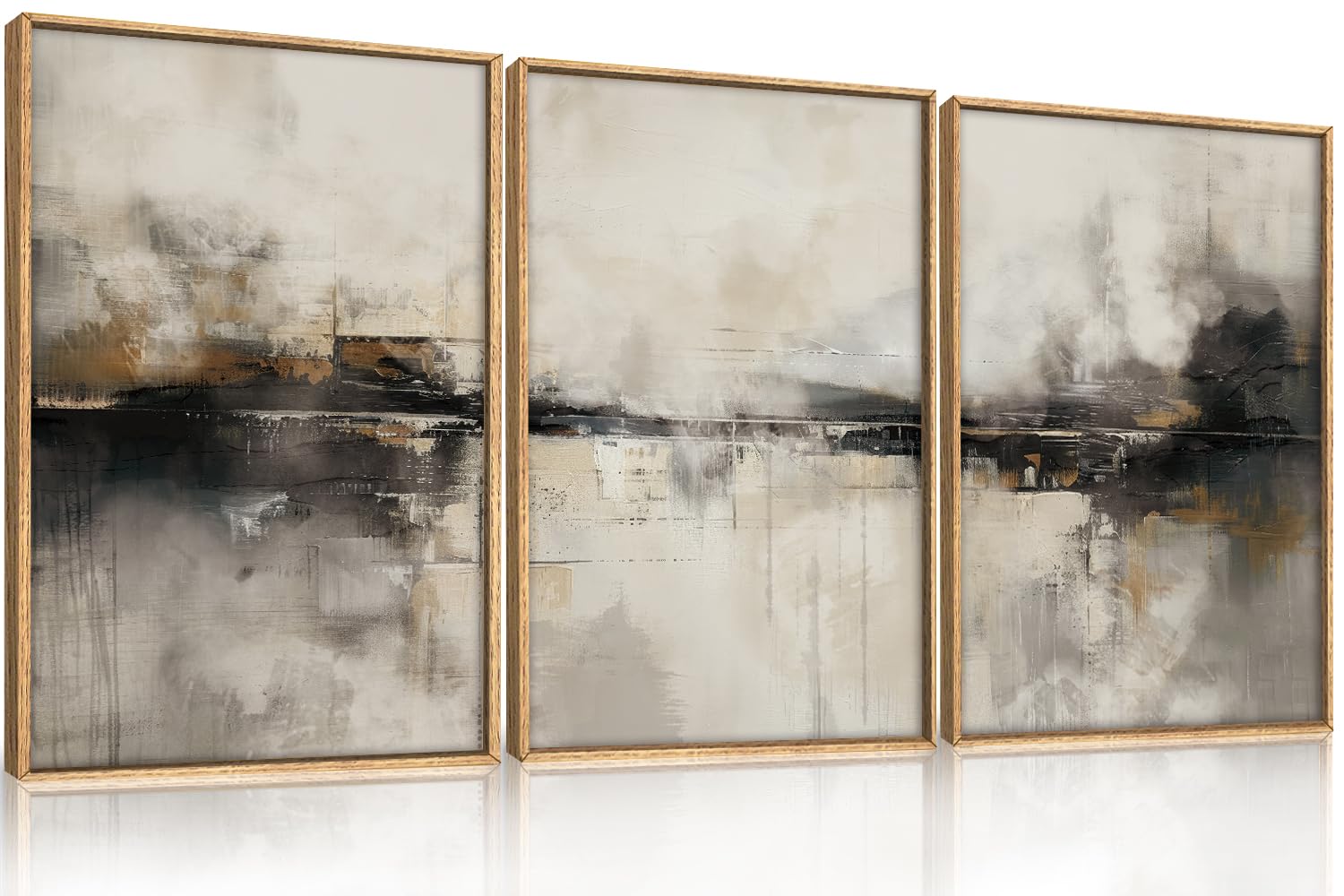 HOURIA Large Abstract Gray Framed Canvas Wall Art Set,Neutral Brown Wall Decor,Minimalist Black Brown Wall Painting,Modern Illus