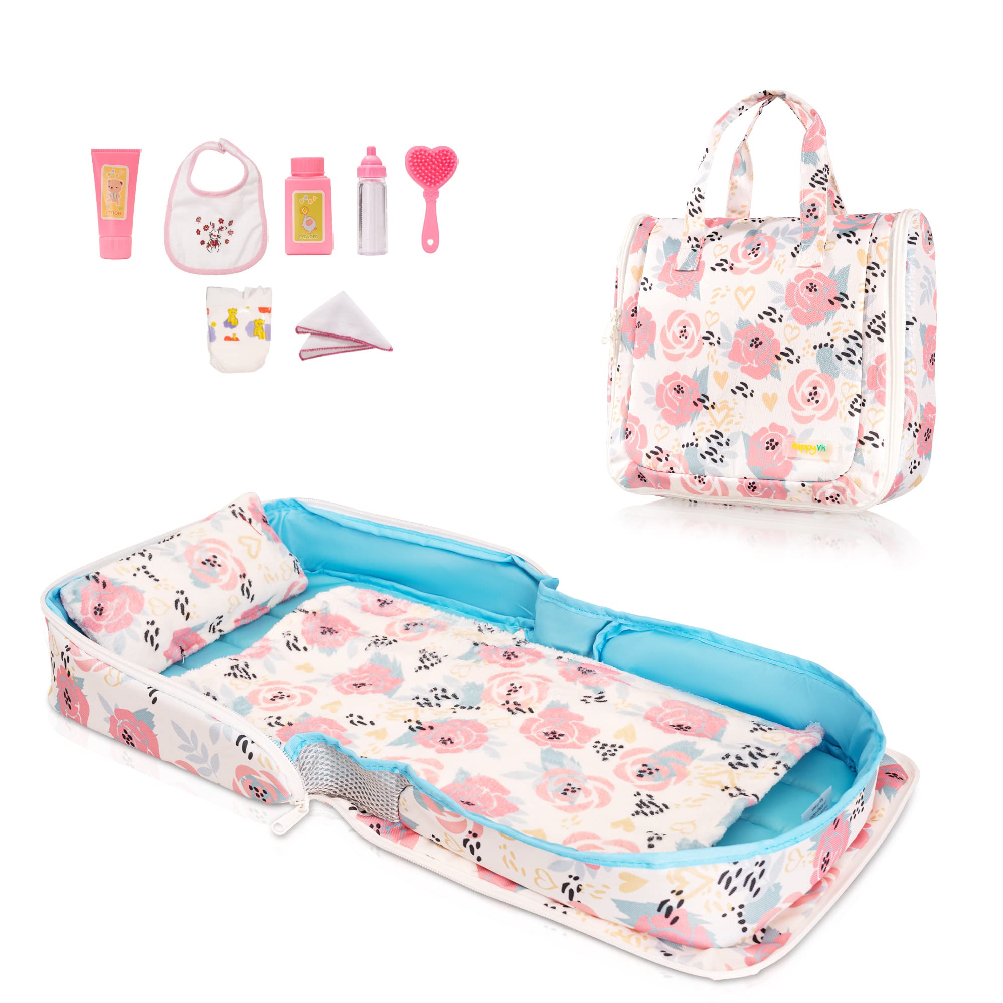 HappyVk - Baby Doll Bed - Portable Doll Bassinet - for Baby Dolls up to 21 inches - Handbag for Girl - Baby Doll Set - Pink Rose