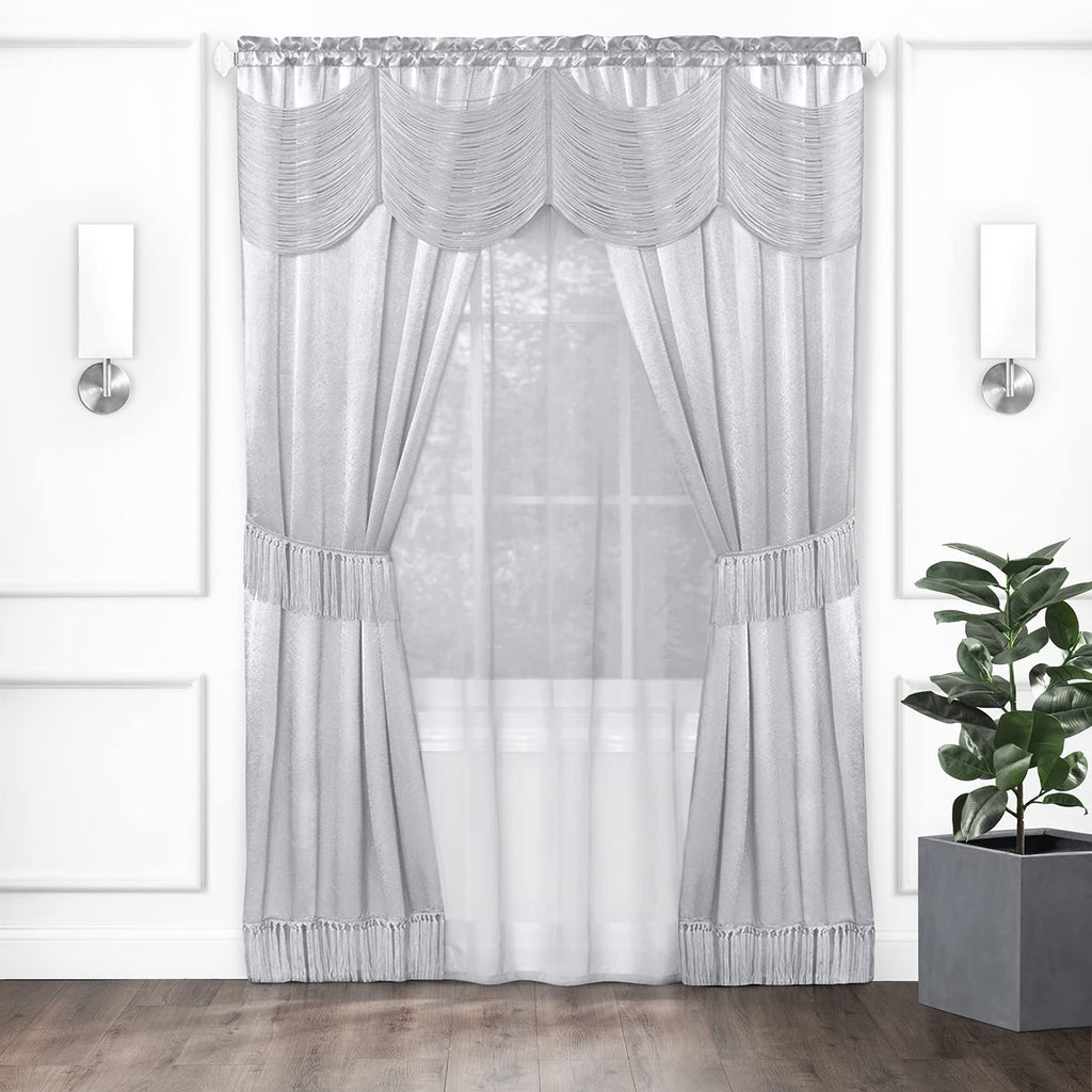 Halley Window Curtains, 6-Piece Set - 56 Inch Width, 63 Inch Length, 2 Inch Rod Pocket - Silver - Includes Valance, 2 Solid Pane