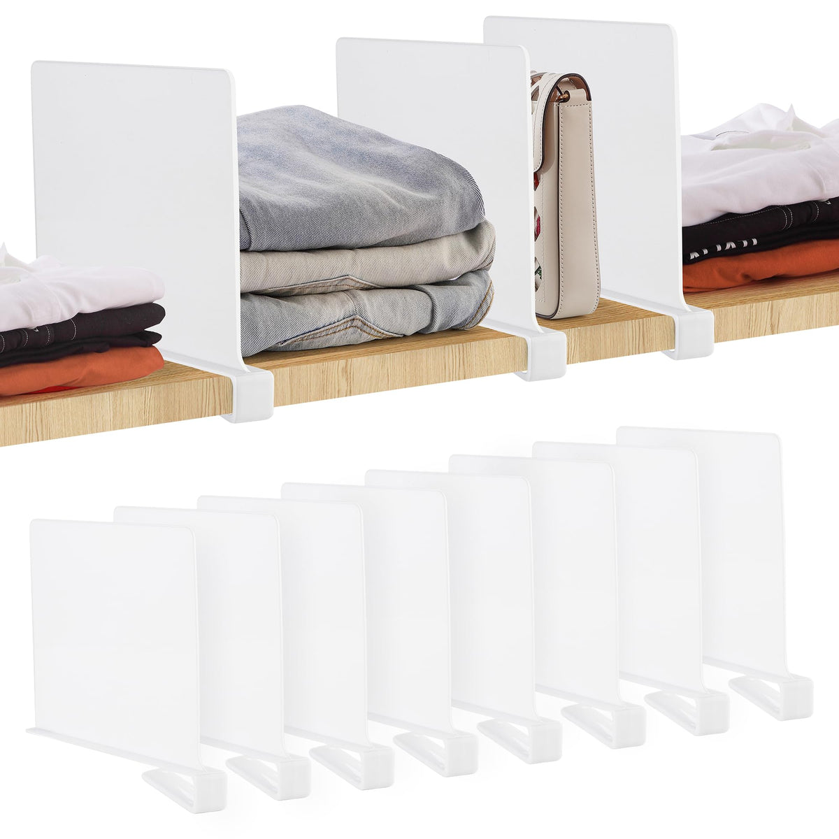 JOY DECOR 8 Pack Acrylic White Shelf Dividers for Closets Organization and Storage Adjustable Vertical Wood Shelf Closet Separat
