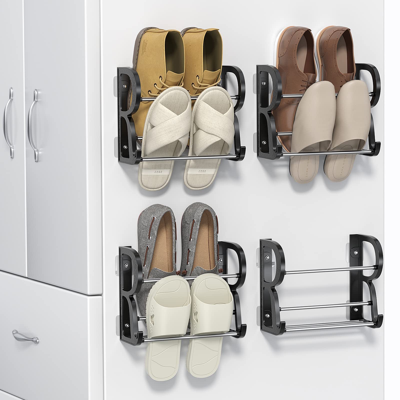 DEYILIAN Wall Mounted Shoes Rack 4 Pack, Hanging Shoe Organizer, Door Hanging Shoe Rack with Sticky Mounts, Wall Shoe Holder for