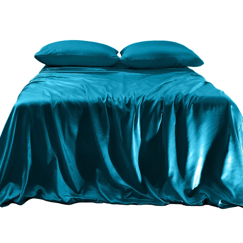 Elegant Comfort Luxurious 4-Piece Silky Satin Sheet Set, Skin And Hair Friendly, Wrinkle, Fade, Stain Resistant With Deep Pockets Fitted Sheet, Cooling Soft Satin Sheet Set, Full, Turquoise