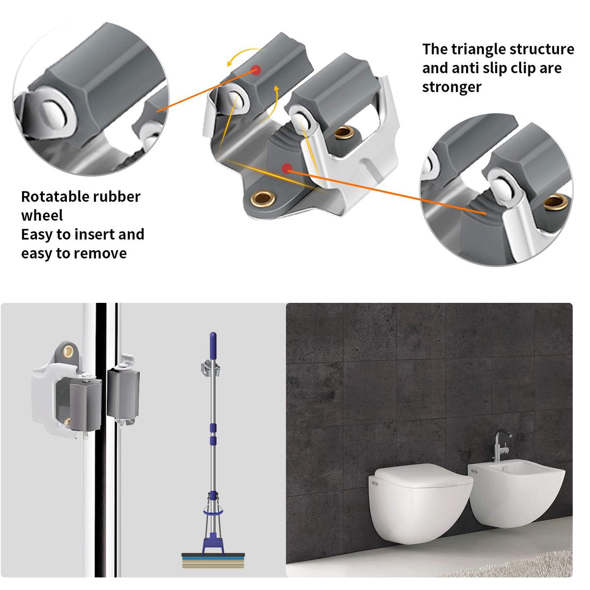 3-H Mop And Broom Holder Big Size Hanging 1 Kg Extra,Broom Hanger 10 Pack,Broom Holder Wall Mount For Hanging And Organizing Shove Rake Yard Tools In Kitchen Shed Laundry Room Bathroom Garden(Grey)