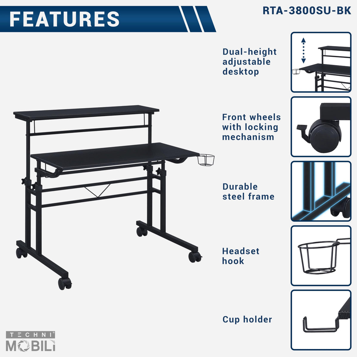 Techni Mobili Rolling Standing Desk, Two-Tier Height Adjustable Mobile Office or Gaming Desk with Wheels and Cup Holder, for Sitting or Standing Setups Black