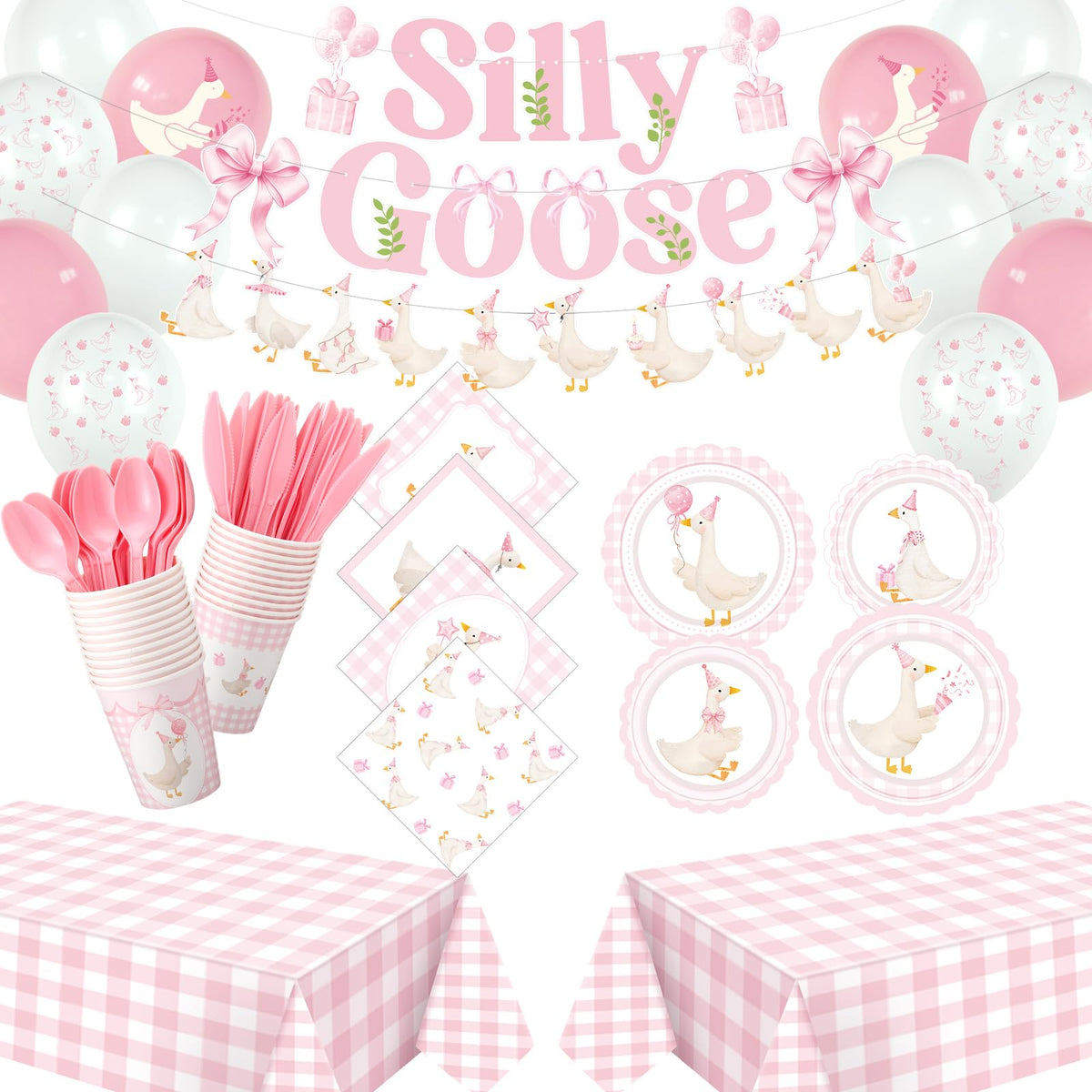 VioraWhite 183pcs One Silly Goose Birthday Party Tableware Set Silly Goose Party Supplies for 24 Guests Tableware Includes Plate