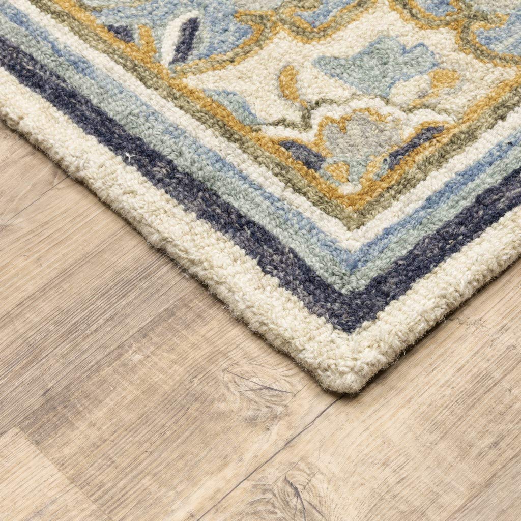 HomeRoots Wool 4'x6' Blue and Ivory Bohemian Rug