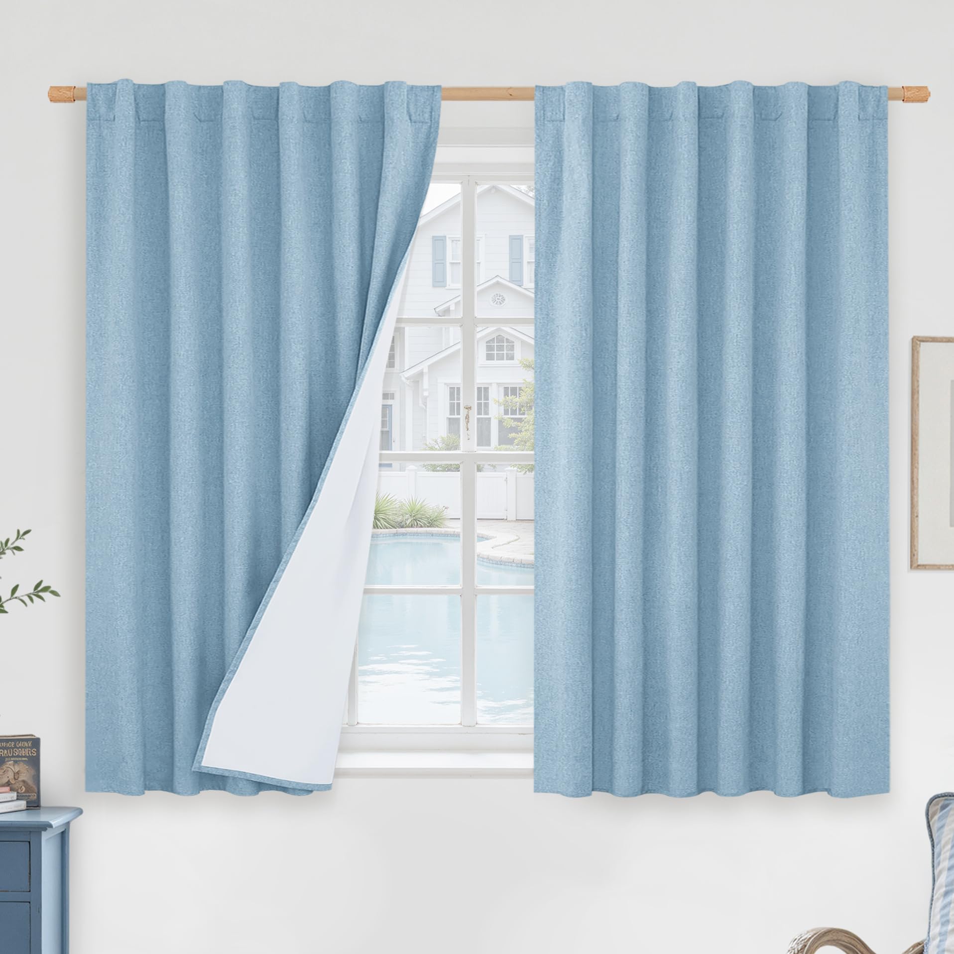 LAMIT Stone Blue 100% Blackout Window Curtains for Boy Bedroom, 45 Inches Linen Textured Thermal Farmhouse Curtains Back Tab and