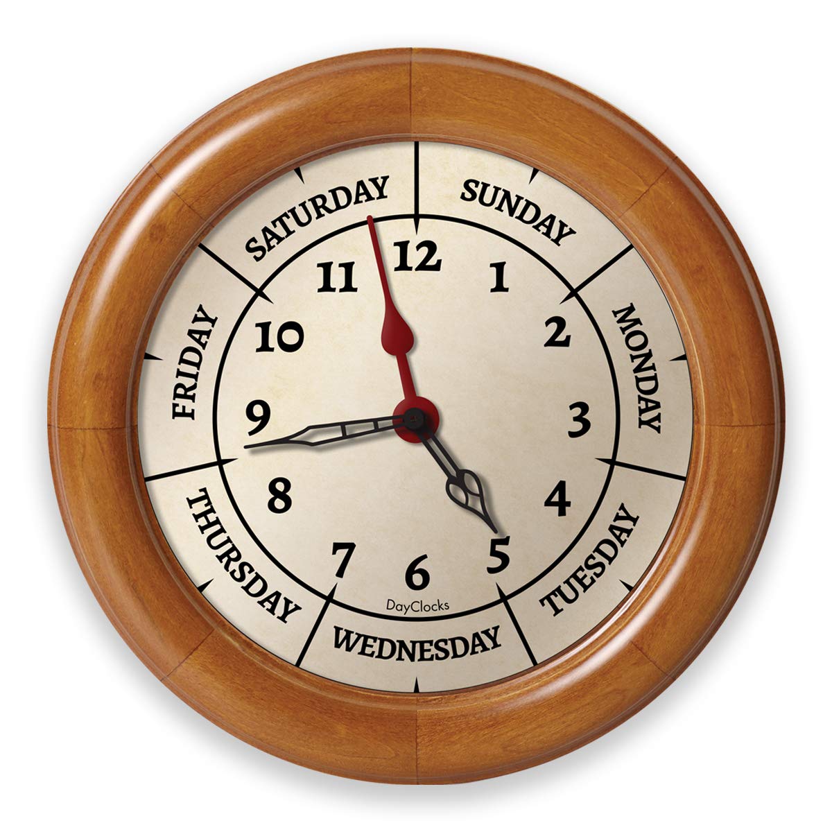 DayClocks Time & Week-Day Wall Clock with Solid Wood Frame - Weekly Analog Clock with Days, Hours & Minutes - Quiet Wall Mounted
