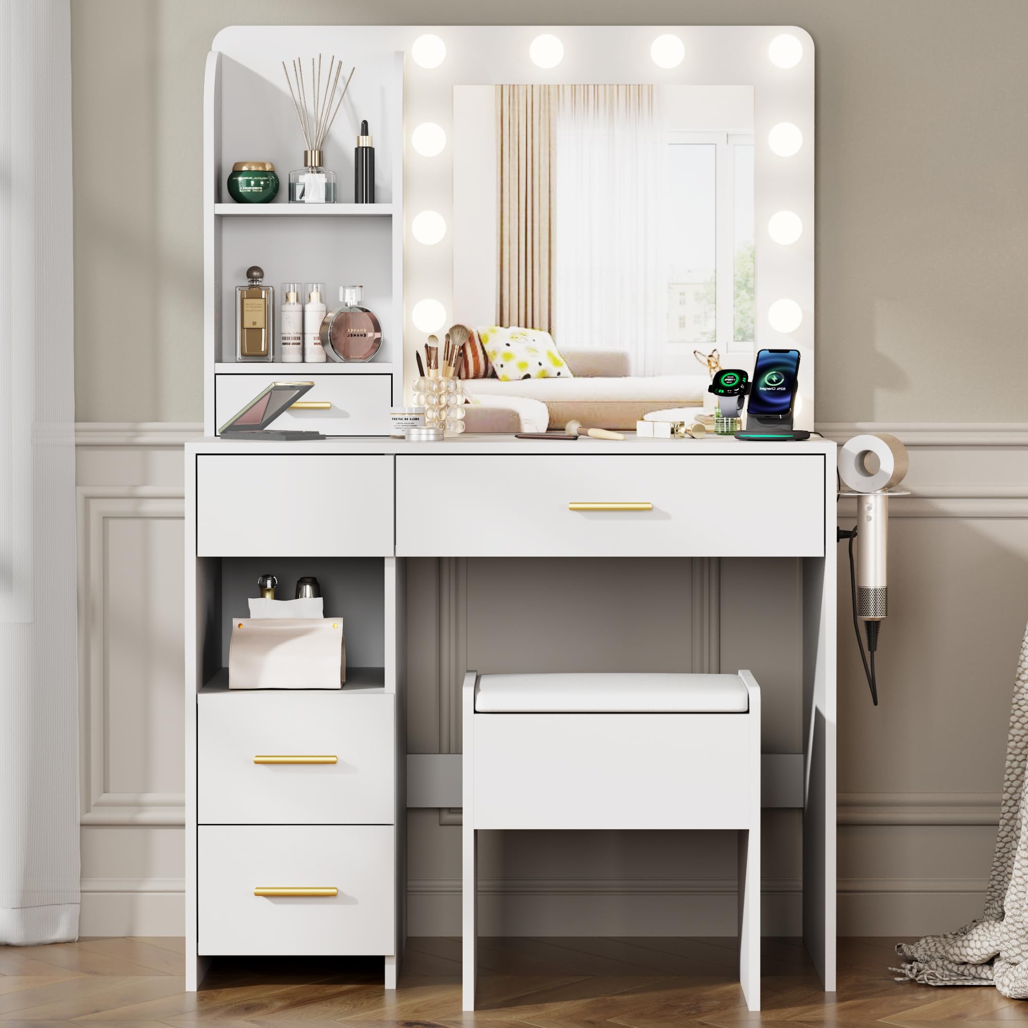 Furnivado Vanity Desk with Mirror and Lights, 3 Adjustable Lighting Makeup Vanity Desk with 3 Storage Shelves, 5 Large Drawers a