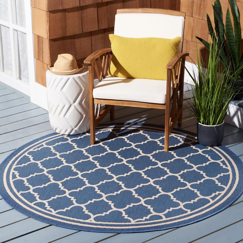 SAFAVIEH Courtyard Collection Area Rug - 53 Round, Blue & Beige, Trellis Design, Non-Shedding & Easy Care, Indoor/Outdoor & Was