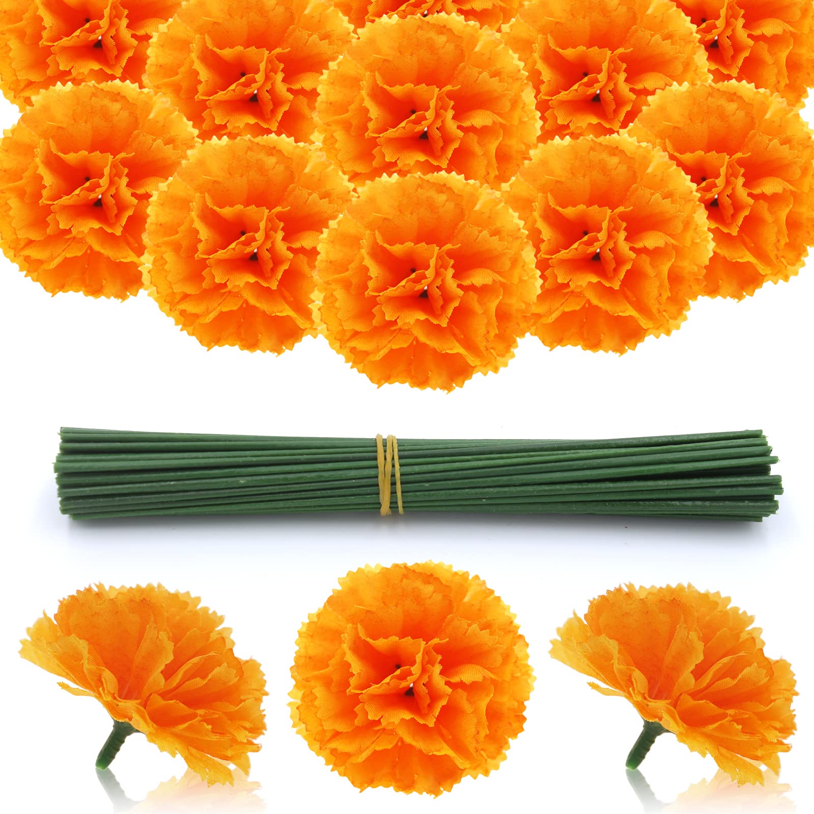 Hananona 50 Pcs Marigold Flower Heads Bulk, Silk Marigold with Stems Artificial Flowers for Diwali Home Decor Day of The Dead Wr