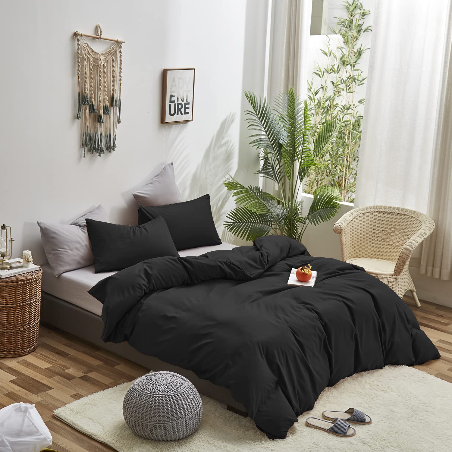Karever Black Comforter King Plain Black Bedding Set Pure Black Bedding Soft Durable Comforter Set Men Lightweight Solid Black B