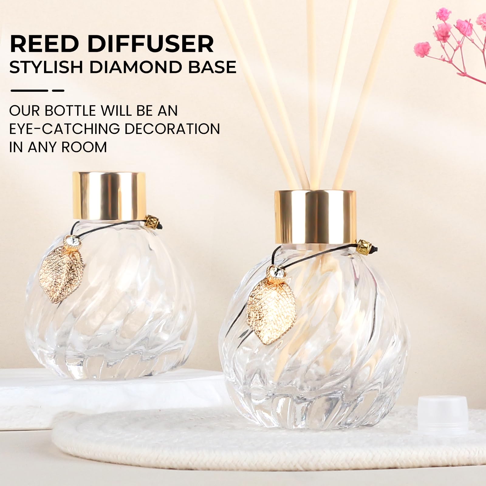 Trifolic 4Pcs Reed Diffuser Set With Metal Golden Decoration, 3.5-4.2Oz Empty Reed Diffuser Bottles With 20Pcs Reed Diffuser Sti