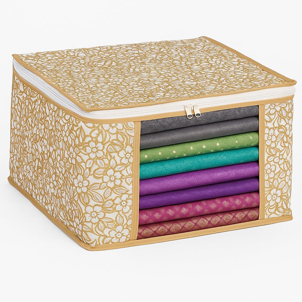 INNWYN Set of 1 NonWoven Printed Saree Cover/Cloth Storage/Organizer with Transparent Window (Beige Flower), 40cm x 33cm x 22cm