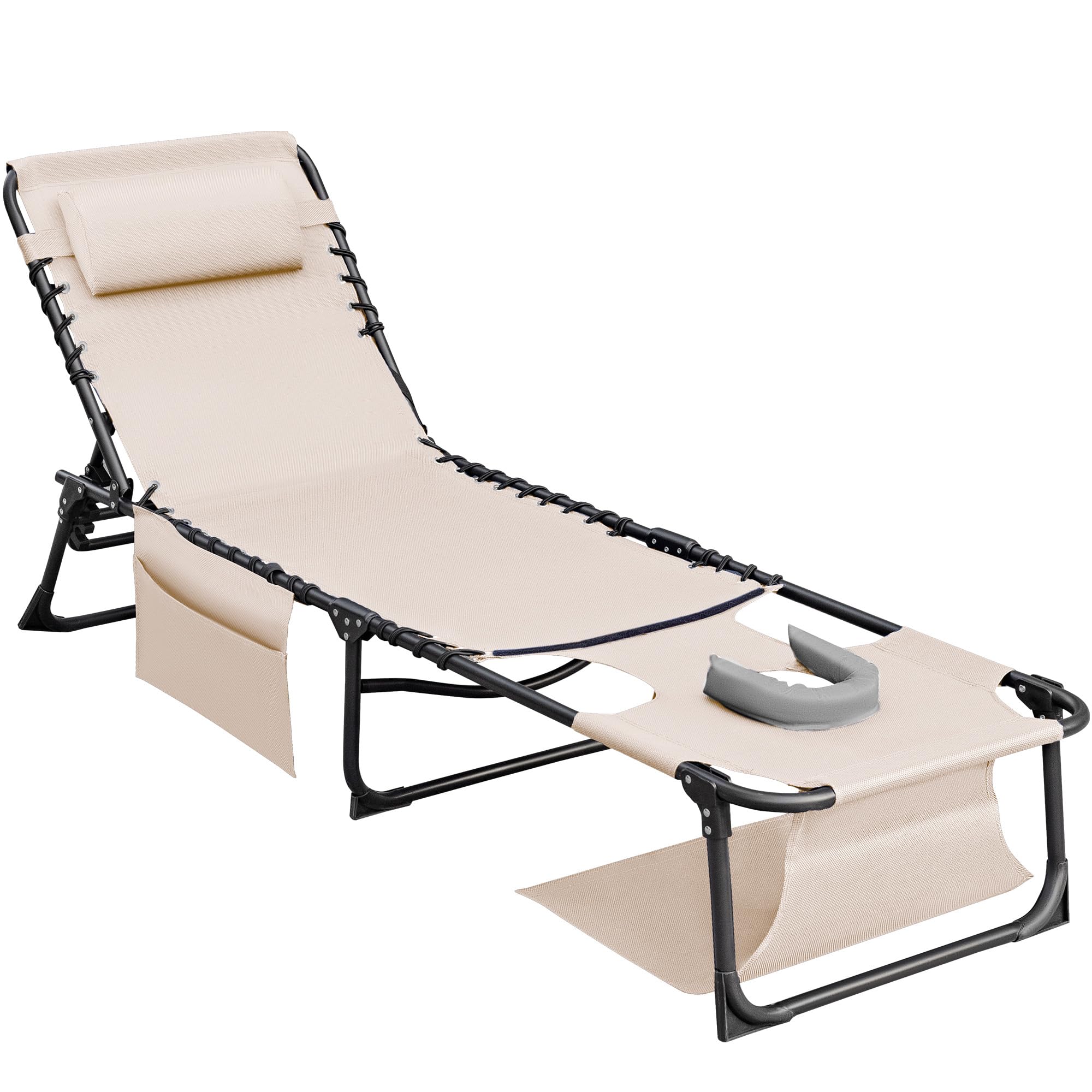 Flamaker Face Down Chaise Lounge Chair 5-Position Adjustable Sunbathing, Foldable Tanning Chair with Face& Arm Holes, Outdoor Re