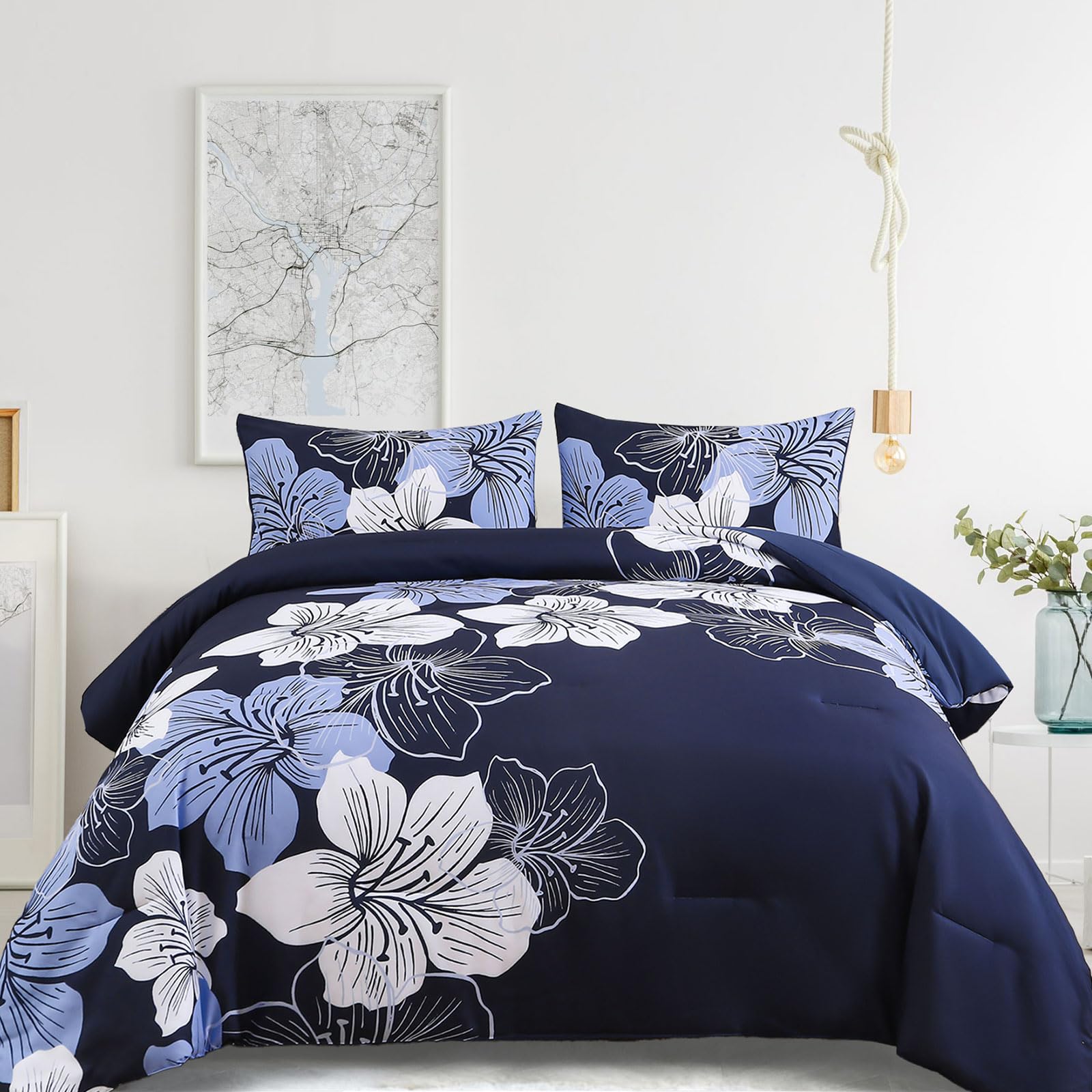 Menghomeus King Size Comforter Set Navy Blue Floral Bedding Comforter Sets - Soft Microfiber Bed Comforter Set For All Season, 3