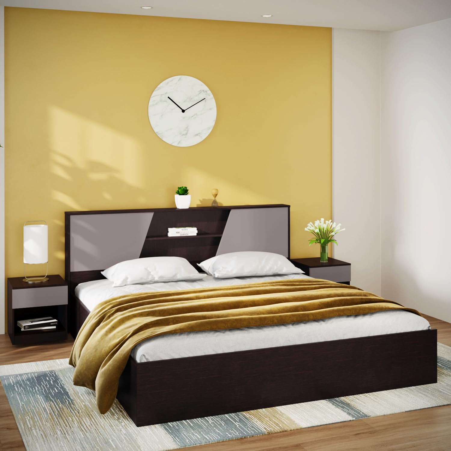 Godrej Interio Bed, Hannah King Size Engineered Wood Bed With Box Storage, 1Year Warranty, ColaRain, Prelaminated Particle Boa