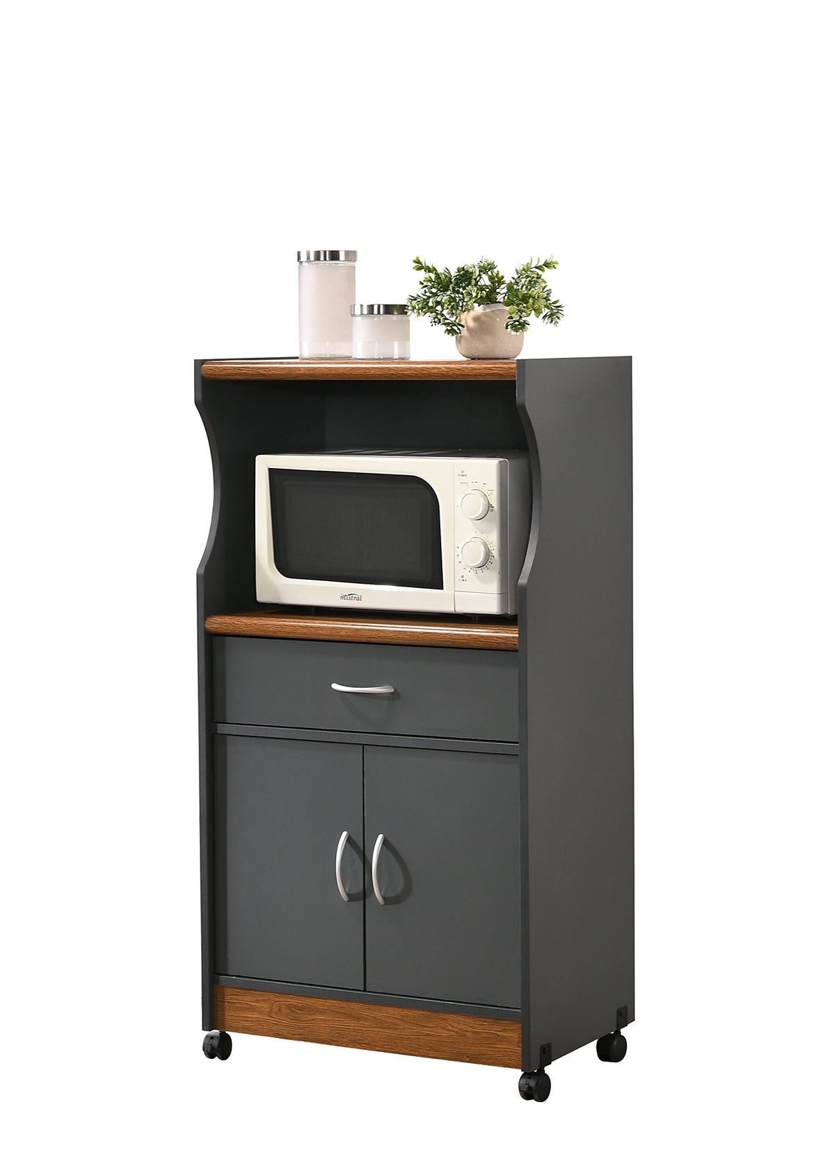 Hodedah Import Microwave Cart With One Drawer, Two Doors, And Shelf For Storage, Greyoak
