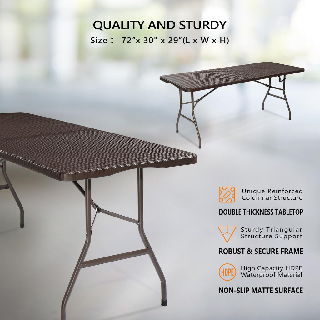 Vingli 6 Foot Plastic Folding Table Portable Long Table For Indoor Outdoor Use Rectangular With Carrying Handle,Rattan Patterned Hdpe Tabletop, Brown
