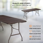 Vingli 6 Foot Plastic Folding Table Portable Long Table For Indoor Outdoor Use Rectangular With Carrying Handle,Rattan Patterned Hdpe Tabletop, Brown