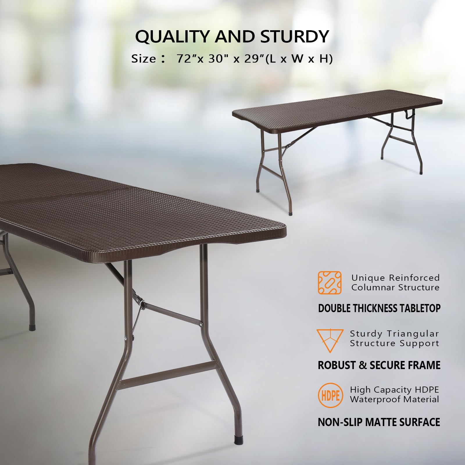 Vingli 6 Foot Plastic Folding Table Portable Long Table For Indoor Outdoor Use Rectangular With Carrying Handle,Rattan Patterned Hdpe Tabletop, Brown