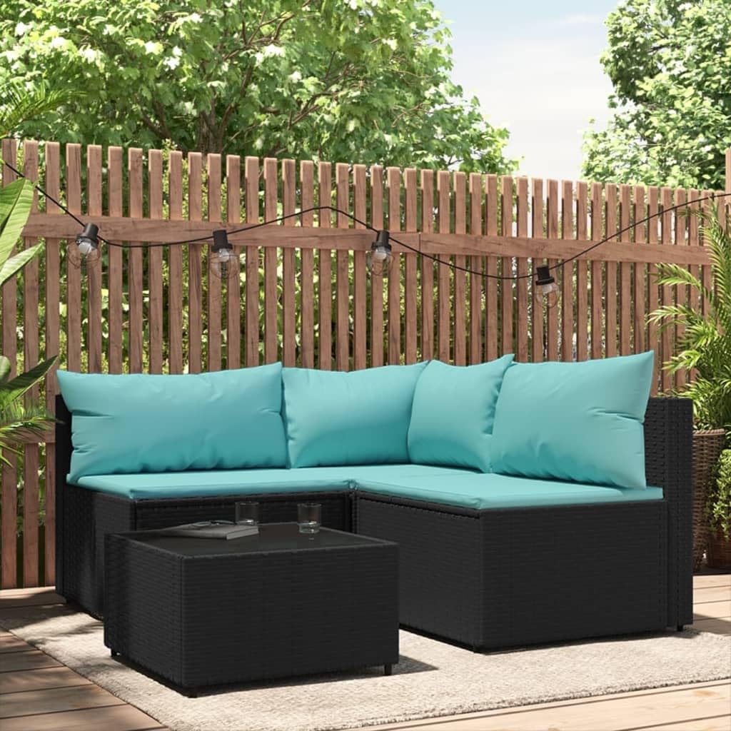 vidaXL 4-Piece Patio Lounge Set in Black Poly Rattan with Cushions - Weather-Resistant, Easy-to-Clean, Powder-Coated Steel Frame, Tempered Glass Tabletop