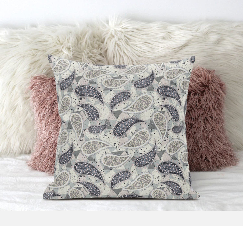 HomeRoots White Blue Red 18â€ Gray Cream Boho Paisley Zippered Suede Throw Pillow