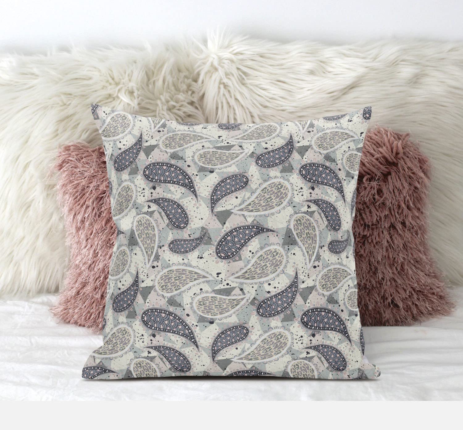 HomeRoots White Blue Red 18â€ Gray Cream Boho Paisley Zippered Suede Throw Pillow