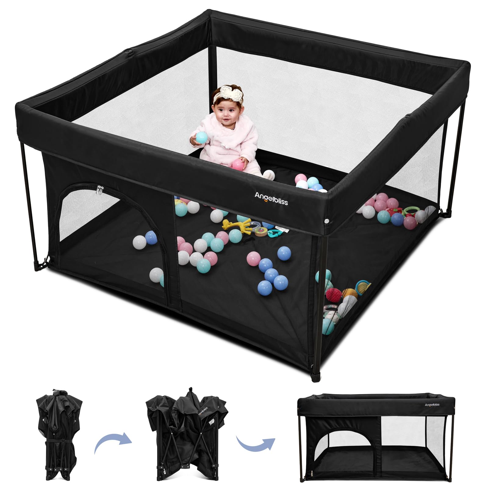 ANGELBLISS 50x50 Foldable Baby Playpen with Carrying Bag & Safety Lock - ASTM F406 Certified Baby Fence for Indoor/Outdoor, Ligh